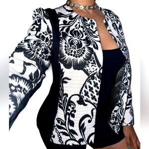 CHICO’S JACQUARD OPEN-FRONT BLAZER WOMENS BLACK WHITE FLORAL QUILTED JACKET